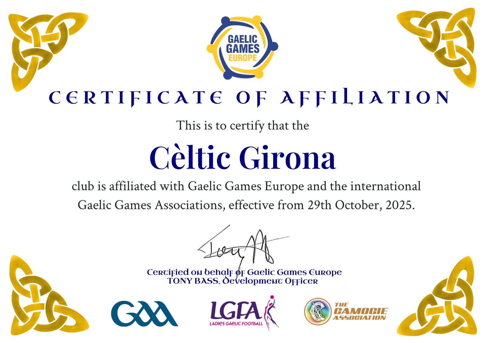 Certificat Gaelic Games Europe
